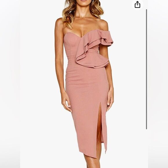 ECOWISH One Shoulder V-neck Ruffle Dress Sleeveless Bodycon Midi Party Cocktail - Picture 1 of 13